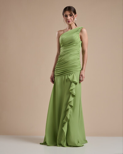 Foto Vestido de Festa Longo Crepe Chiffon Um Ombro Só Drapeado com Babado Cascata Verde Garden