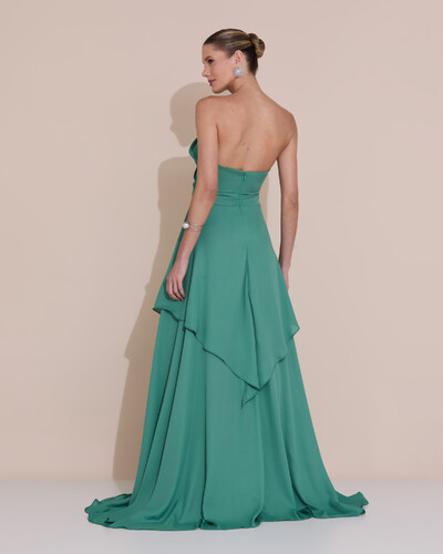 Foto Vestido de Festa Longo Tomara que Caia Crepe Chiffon Drapeado Camadas Verde Matcha Escuro