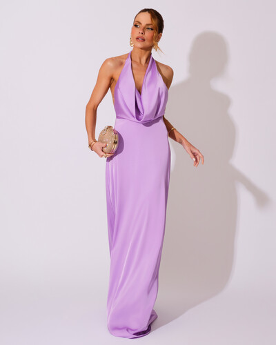 Foto Vestido de Festa Longo Frente Única Degagê Cetim Fluido Lilás