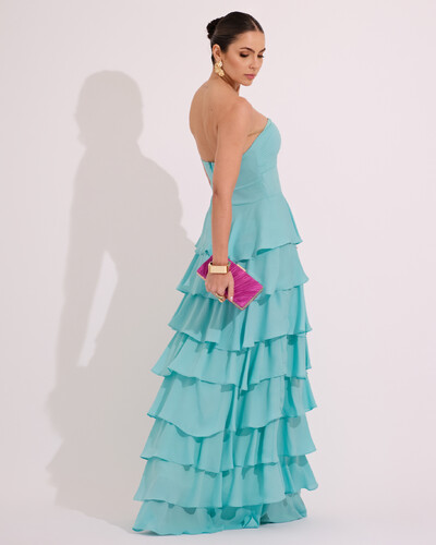 FotoVestido Longo Crepe Chiffon Tomara que Caia Plissado em Camadas Tiffany