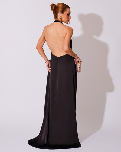 FotoVestido de Festa Longo Frente Única Degagê Cetim Fluido Preto