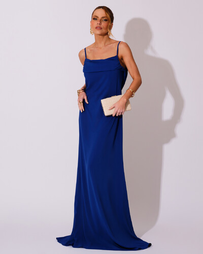 FotoVestido de Festa Longo Crepe Chiffon Costas Lenço Cauda Azul Royal