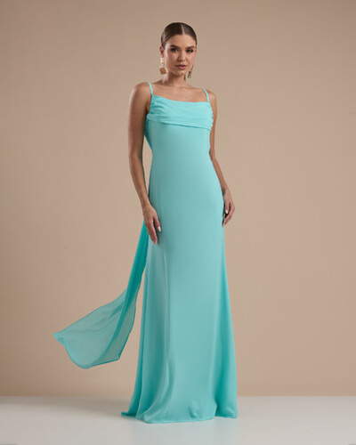 Foto Vestido de Festa Longo Crepe Chiffon Costas Lenço Cauda Tiffany