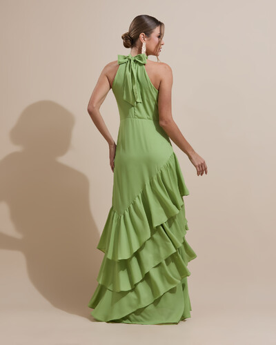 FotoVestido de Festa Longo Chiffon Crepe Gola Alta Babados Verde Garden