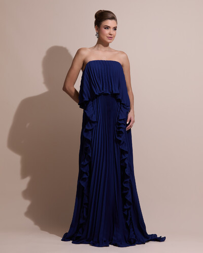 Foto Vestido de Festa Longo Crepe Chiffon Tomara que Caia Plissado com Babado Cascata Azul Marinho