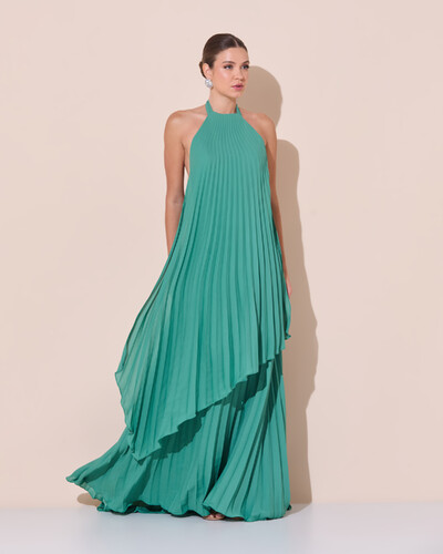 Foto Vestidos de Festa Longo Chiffon Fluido Frente Única Plissado Duplo Verde Matcha Escuro
