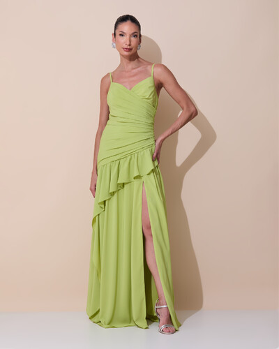 Foto Vestido de Festa Longo Decote Drapeado Crepe Chiffon Fenda Babado Camadas Verde Claro