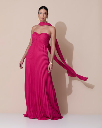Foto Vestido de Festa Longo Tomara que Caia Plissado com Lenço Pink Escuro