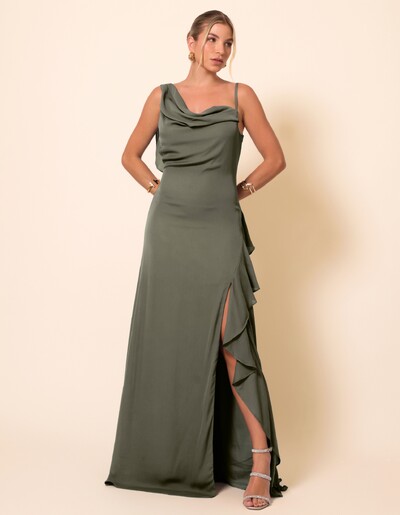 Foto Vestido de Festa Longo Crepe Chiffon Degagê com Fenda e Babado Cascata Verde Oliva