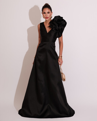 Foto Vestido de Festa longo Zibeline Flor Preto