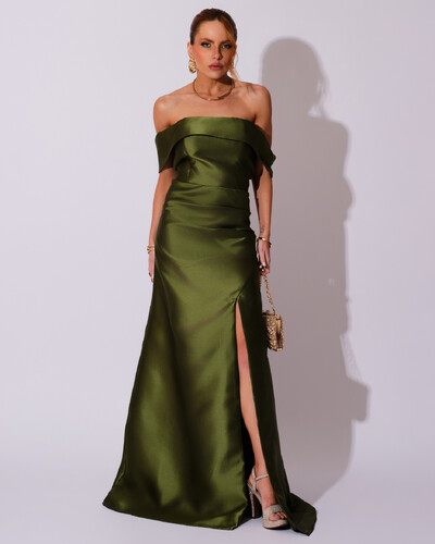 Foto Vestido de Festa Longo Zibeline Ombro a Ombro Drapeado e Fenda Verde Oliva