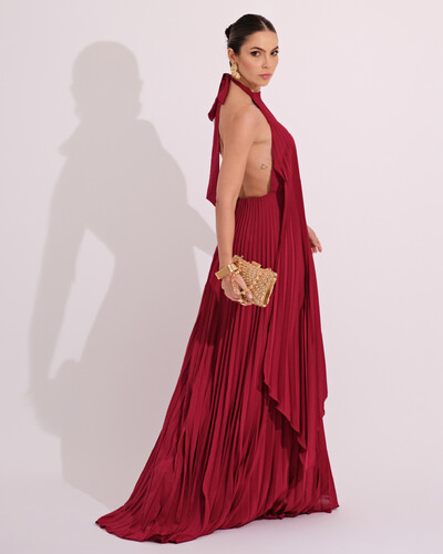 FotoVestidos de Festa Longo Chiffon Fluido Frente Única Plissado Duplo Cereja