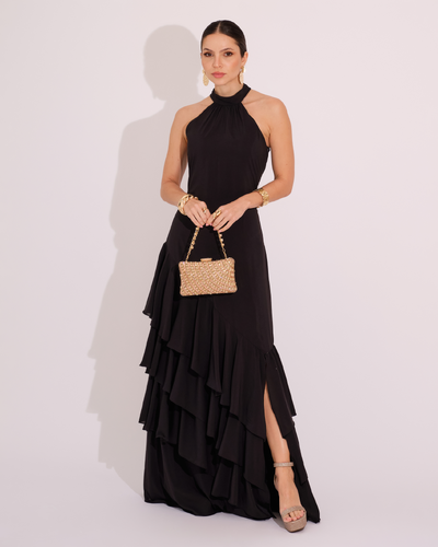 Foto Vestido de Festa Longo Decote Halter com Babados Preto