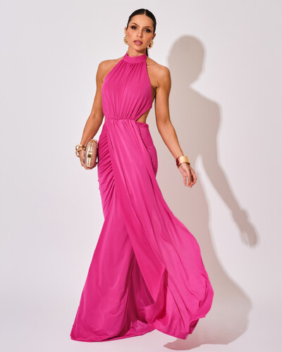 Foto Vestido de Festa Longo Malha Jersey Gola Alta Saia Sereia Pink