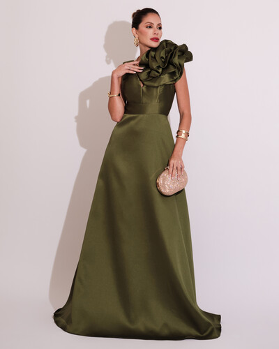 Foto Vestido de Festa longo Zibeline Flor Verde Oliva