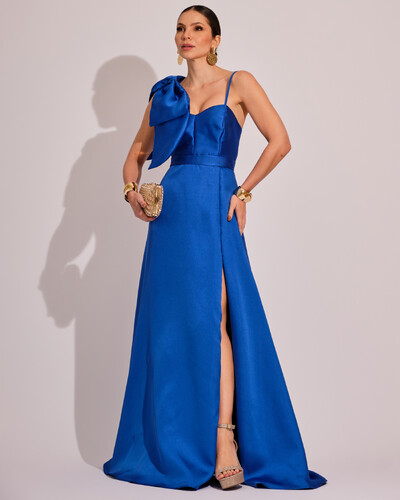 Foto Vestido de Festa Longo em Zibeline com Laço Removível Azul Royal