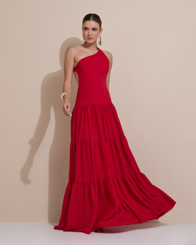 Foto Vestido de Festa Longo Um ombro Só Crepe Chiffon Saia Fluida Vermelho
