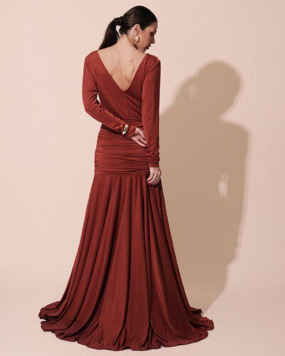 FotoVestido de Festa Longo Malha Degagê Drapeado Manga Longa Terracota