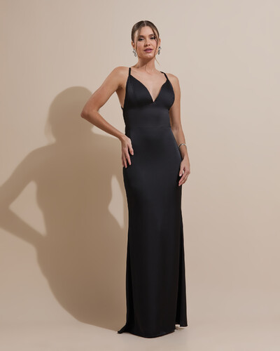 Foto Vestido de Festa Longo Costas Abertas Laço Cetim Decote V Preto