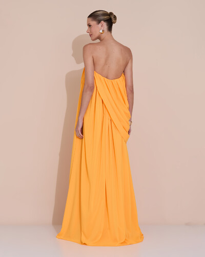 Foto Vestido de Festa Longo Tomara Que Caia Crepe Chiffon Drapeado Laranja Manga New