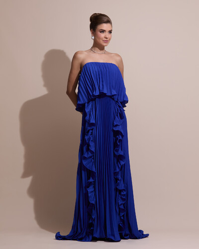Foto Vestido de Festa Longo Crepe Chiffon Tomara que Caia Plissado com Babado Cascata Azul Royal