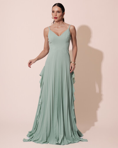 Foto Vestido de Festa Longo Crepe Chiffon Alça Fina Saia Plissada com Babado Cascata Verde Menta