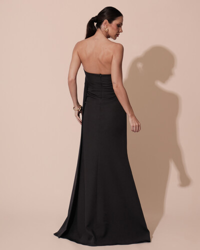 FotoVestido de Festa Longo Alfaiataria Tomara que Caia Drapeado Faixa Preto