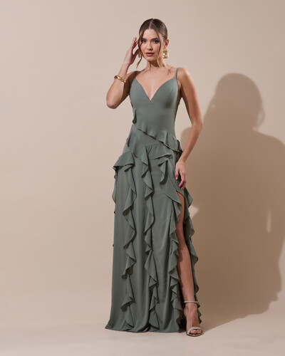 Foto Vestido de Festa Longo Decote V Crepe Chiffon Babados Cascata e Fenda Verde Oliva