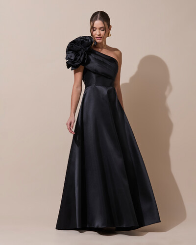 Foto Vestido de Festa Longo Zibeline um Ombro Só Flor Drapeado Preto