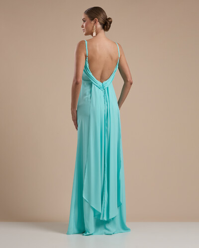 FotoVestido de Festa Longo Crepe Chiffon Costas Lenço Cauda Tiffany