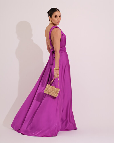 FotoVestido Longo Cetim Fluído Mil Formas Fúcsia