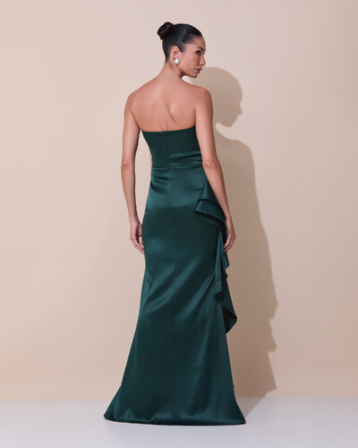 Foto Vestido de Festa Longo Tomara que Caia Cetim Babado Fenda Verde Escuro