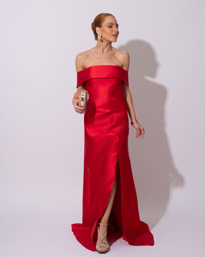 Foto Vestido de Festa Longo Zibeline Ombro a Ombro Drapeado e Fenda Vermelho