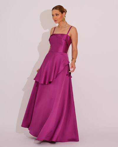 Foto Vestido de Festa Zibeline Tomara que Caia com Recortes e Camadas Fúcsia
