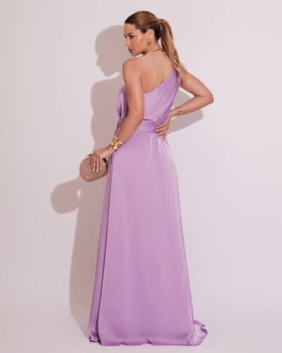 FotoVestido Longo um Ombro com Busto Blousê e Fenda Lilás