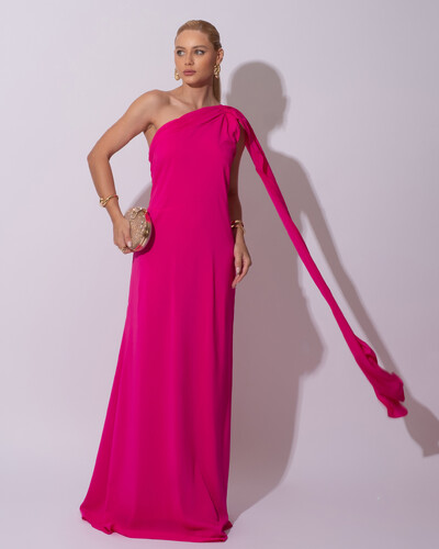 Foto Vestido de Festa Longo Crepe Chiffon Um Ombro Só Drapeado Lenço Fixo Lenço Pink