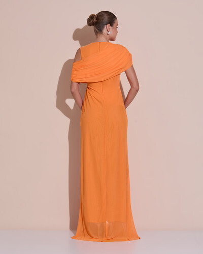Foto Vestido de Festa Longo Capa Drapeado Tule Saia Fluida Laranja New
