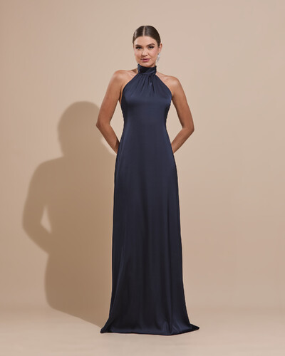 Foto Vestido de Festa Gola Alta com Decote nas Costas Acetinado Azul Marinho