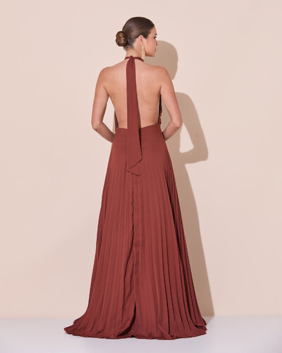 Foto Vestidos de Festa Longo Chiffon Fluido Frente Única Plissado Duplo Marrom New