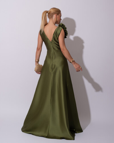 FotoVestido de Festa longo Zibeline Decote em V com Flores Removivel Verde Oliva