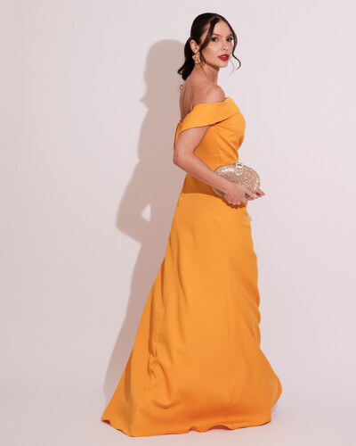 FotoVestido de Festa Longo Ombro a Ombro com Fenda em Alfaiataria Mango Sorbet