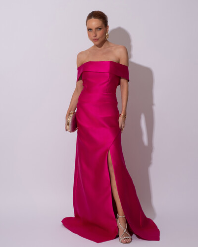 Foto Vestido de Festa Longo Zibeline Ombro a Ombro Drapeado e Fenda Pink