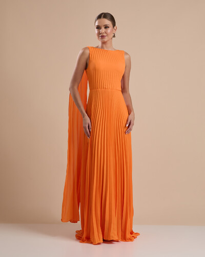 Foto Vestido de Festa Longo Crepe Chiffon Plissado com Lenço nas Alças Laranja