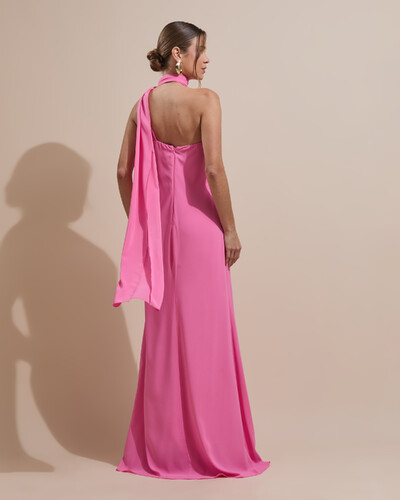 FotoVestido de Festa Longo Crepe Chiffon Um Ombro Só Drapeado Rosa