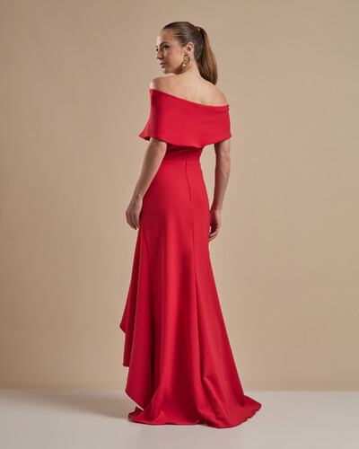 FotoVestido de Festa Longo Alfaiataria Ombro a Ombro com Babado Cascata Vermelho