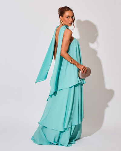 FotoVestido de Festa Longo Chiffon Crepe em Camadas com Lenço Tiffany