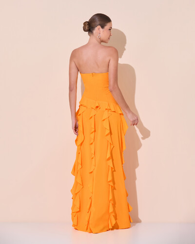 Foto Vestido de festa Longo Tomara que Caia Crepe Chiffon com Babados Cascata e Fenda Laranja Manga New