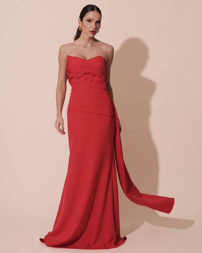 Foto Vestido de Festa Longo Alfaiataria Tomara que Caia Drapeado Faixa Vermelho
