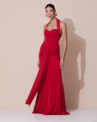 Foto Vestido de Festa Longo Decote Coração Malha Jersey Drapeado Costas Trançada Vermelho