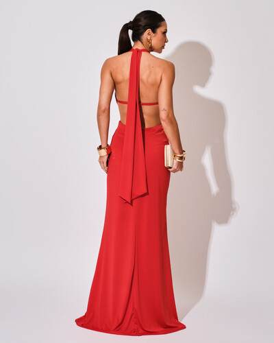 FotoVestido de Festa Longo Malha Jersey Gola Alta Saia Sereia Vermelho